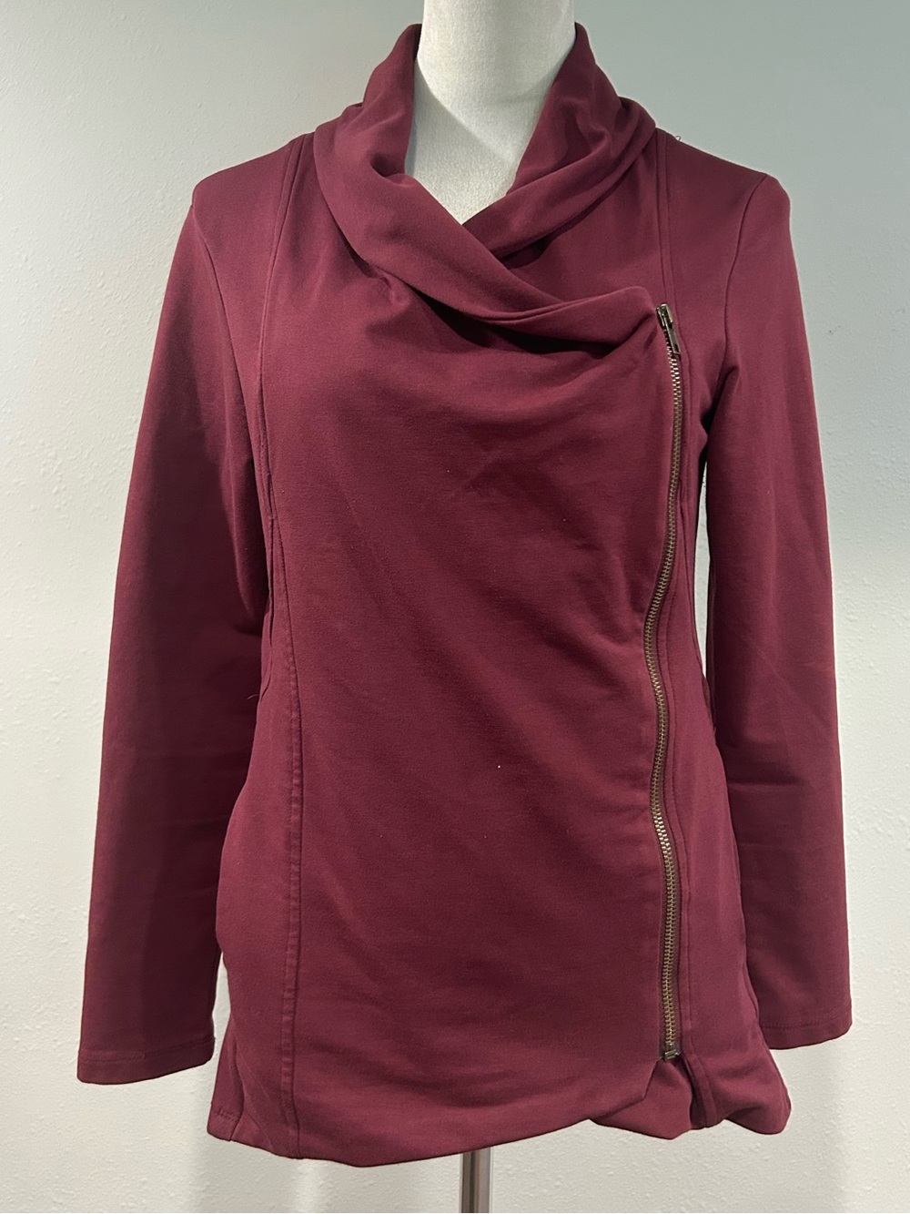 Women’s Asymmetrical Zip Cowl Neck Sweatshirt, Burgundy color